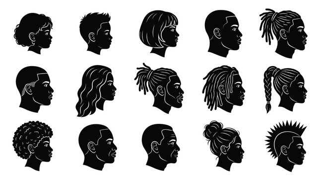 Collection of diverse human head silhouettes featuring various hairstyles and facial profiles in a graphic style
