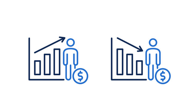 Icons showing business growth with upward trend and decline with downward trend, both with a person and dollar sign.