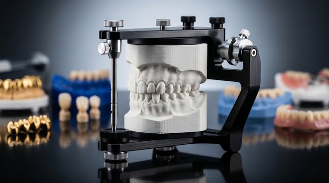 dental model on articulator with various dental prosthetics in background, stomatology concept.