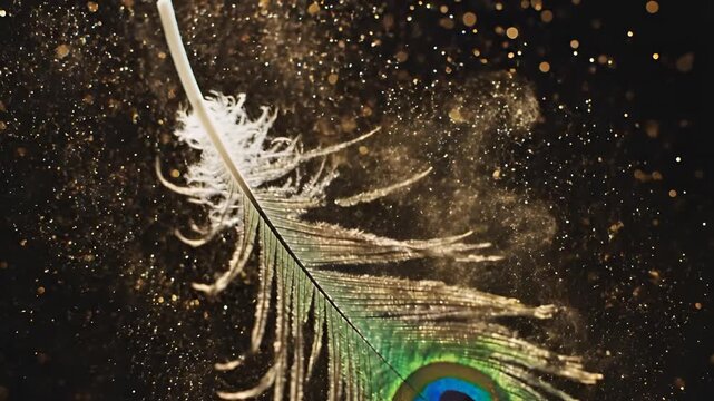 Elegant Peacock Feather with Golden Sparkles on Dark Background.