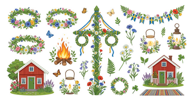 Decorative collection of traditional nordic midsummer elements featuring floral wreaths and festive wooden maypole structures today