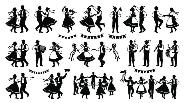 Silhouettes of traditional bavarian dancers and musicians performing folk dances during a festive octoberfest celebration event