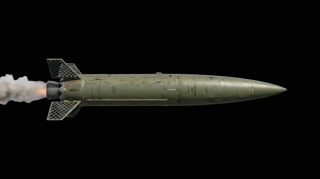 A detailed green ballistic missile flies horizontally against a solid black screen. This high-contrast 3D rendering provides a dramatic visual element for news broadcasts, defense presentations, and c