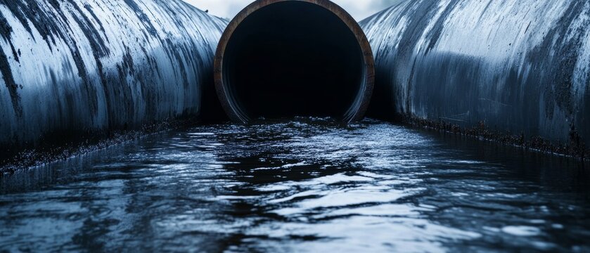 Water flows through a large pipe in an urban setting with two metal pipes on either side during cloudy weather in the afternoon