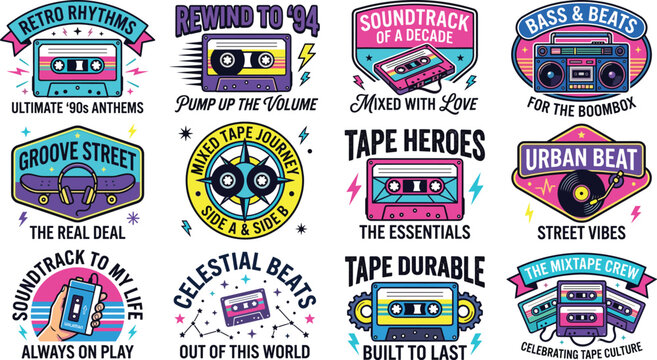 Retro 90s Mixtape Vintage Badge Collection with Cassette Boombox Walkman Vinyl Groove Street Urban Beat and Tape Culture Designs
