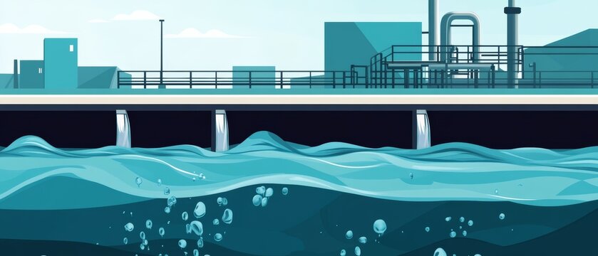 Water flows from industrial pipes into a body of water near a facility during the day with clouds in the sky