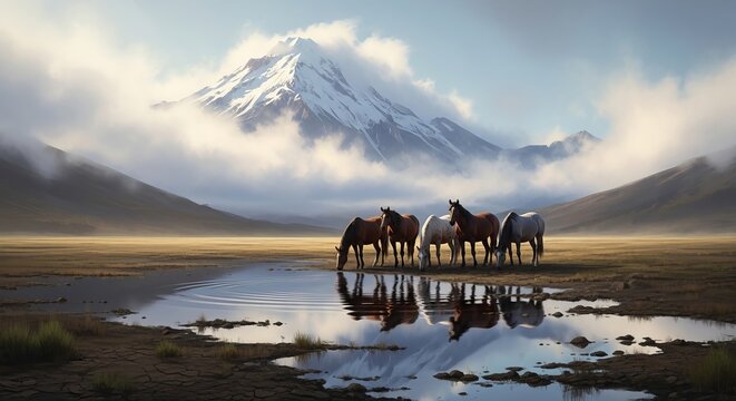 Majestic wild horses drinking by a mountain stream with snowcapped peaks in background