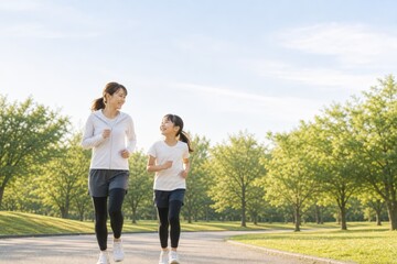 Fototapeta premium 朝の公園を一緒に走る母と娘