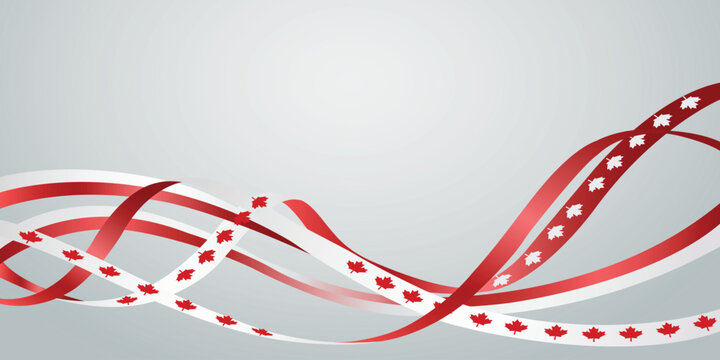 Flowing red and white ribbons with canadian maple leaf symbols waving on light grey background vector illustration canadian patriotic national decoration celebration background abstract