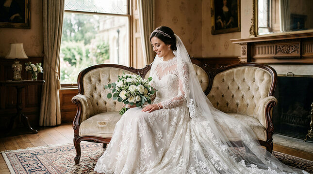 Elegant bride sitting on antique sofa holding a bouquet in a vintage room  