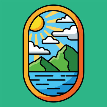 Stylized oval illustration of a sunny mountain landscape with a lake landscape mountain illustration outdoors peaceful background stylized vacation adventure destination recreation