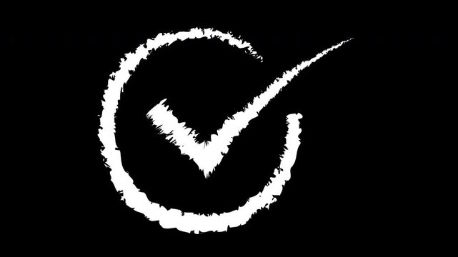Hand-drawn checkmark animation on black background, rough style tick doodle
