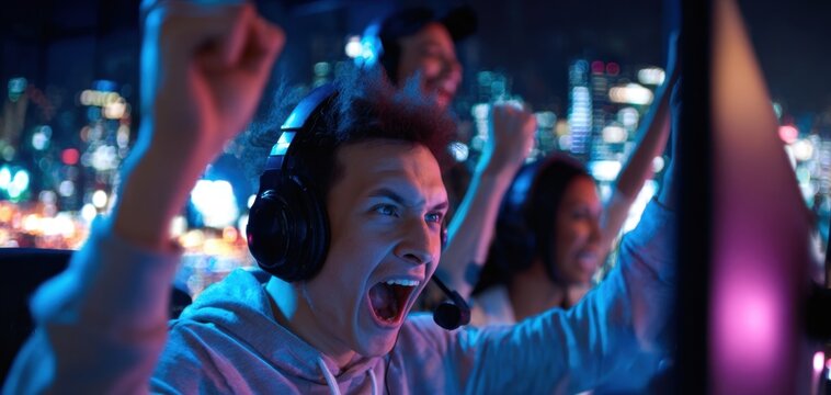 The Gamer Celebrating Victory During Late Night Competitive Online Esports Session