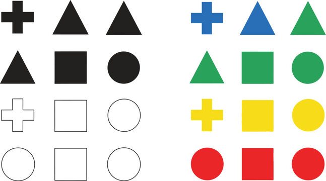 Geometric shapes including circles, squares, triangles, and crosses are displayed in a grid with various colors and outlines.