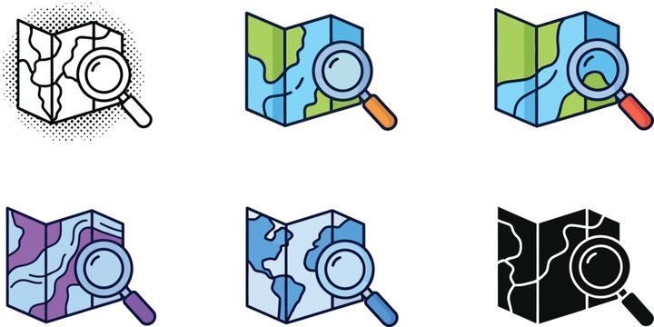 Maps with magnifying glasses appear in various graphic styles including line art, color, and silhouette designs for navigational concepts.