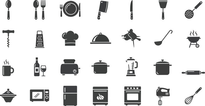 Kitchenware icons set displays essential cooking tools and household appliances in a clean monochrome style suitable for culinary websites, restaurant menus, or food preparation applications.
