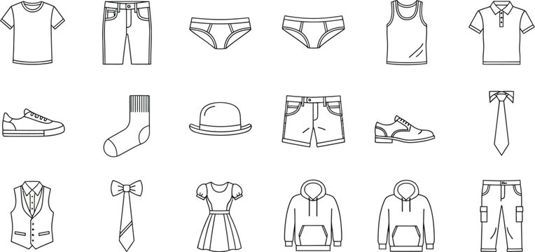 Clothing icons collection features a comprehensive set of various garment outlines including shirts, trousers, footwear, and accessories designed for retail or fashion digital interface projects.