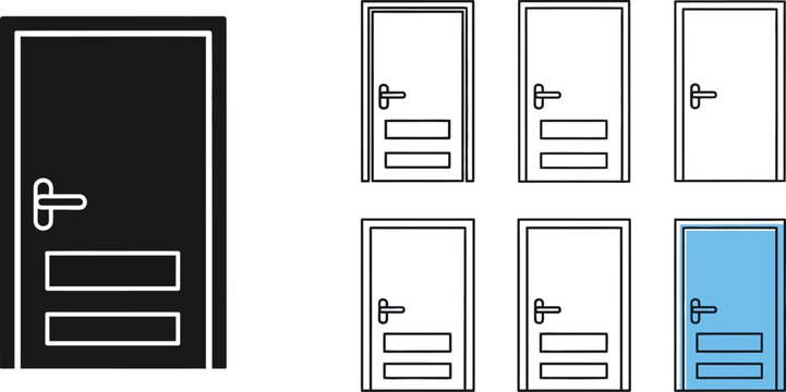 Doors are displayed in a collection of simple line art icons featuring various styles and colors.