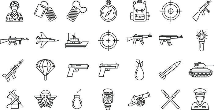 Military equipment and soldier symbols are depicted in a comprehensive linear icon set for defense and tactical communication.