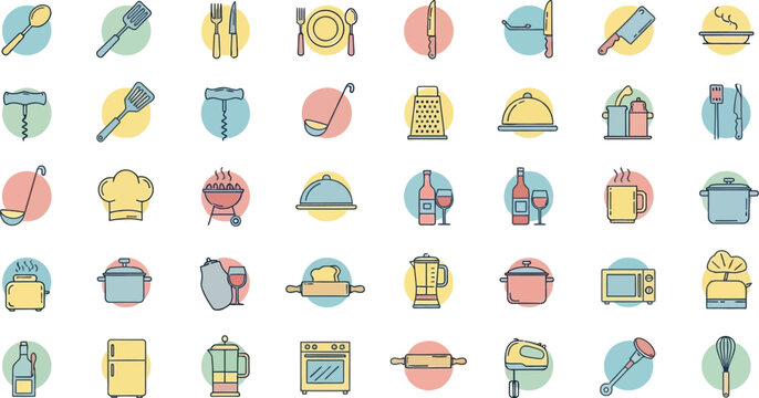 Kitchen utensils and cooking appliances are organized in a detailed icon collection for culinary and domestic lifestyle themes.