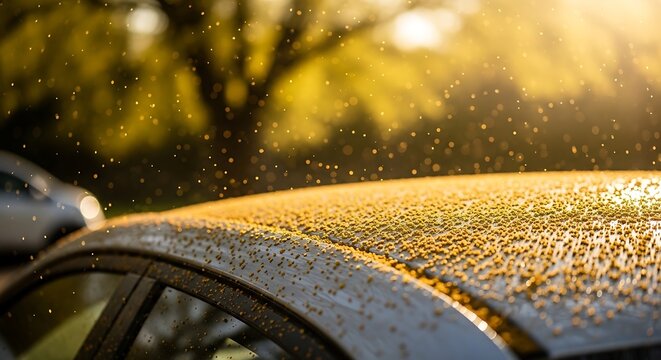 A close-up view of a car roof covered in tiny water droplets during a golden sunset, with soft bokeh light reflecting off the wet metallic surface