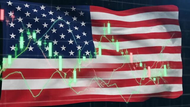 American flag overlaid with stock market charts. Finance concept