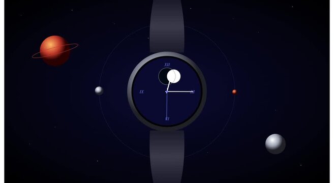 Celestial watch motion: orbiting planets and timekeeping animation