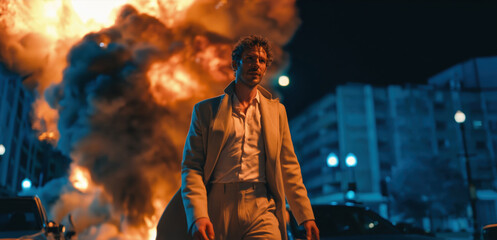 Young man in long coat standing in city street at night with huge explosion behind him © swillklitch