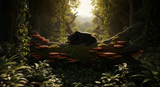 Mystical jungle scene with mushrooms and a bear resting on a fallen log