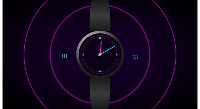 Digital smartwatch time concept with neon purple circular motion animation