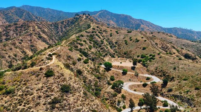 Distancing from Verdugo Motorway or Verdugo Fire Road. Drone footage over the rocks in Glendale, California, USA.