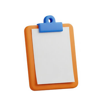 A 3d render of an orange clipboard with a blank white paper sheet and a blue clip icon for business