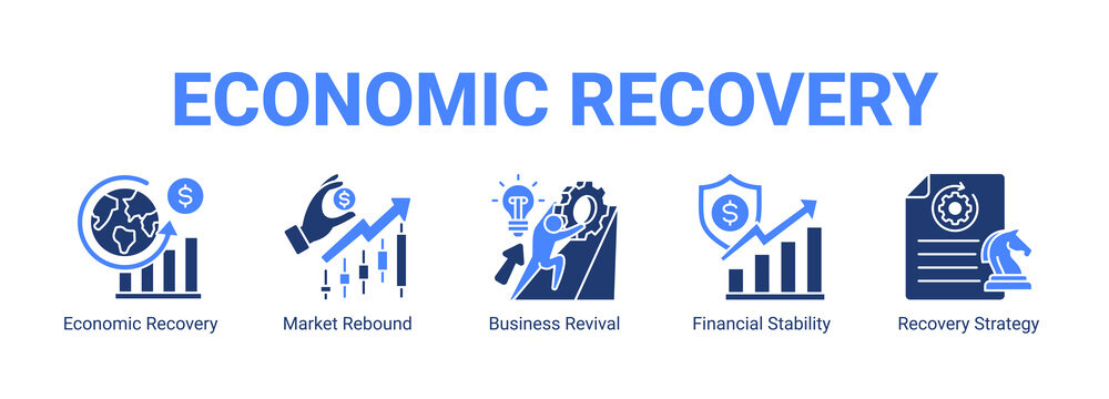 Economic Recovery web banner icon concept, with Economic Recovery, Market Rebound, Business Revival, Financial Stability.