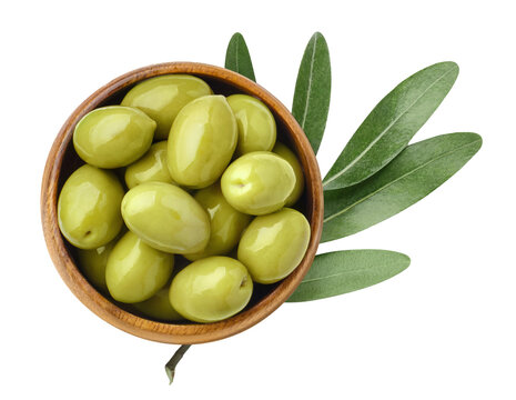 Bowl of green olives with olive leaves, isolated on cutout transparent background