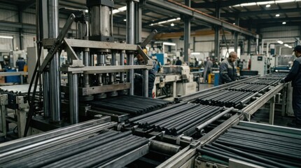 Fototapeta premium Medium shot capturing bulk batch pressing of carbon rods focusing on automated assembly line producing large quantities efficiently.