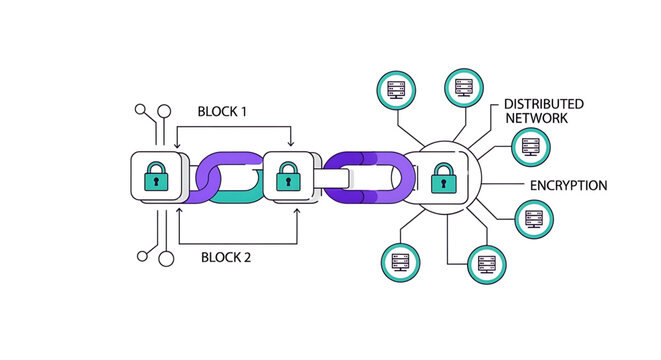 Blockchain technology concept with blocks connected in a chain and distributed network nodes