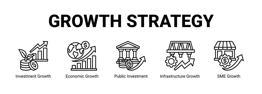 Growth Strategy web banner icon concept, with Investment Growth, Economic Growth, Public Investment, Infrastructure Growth.