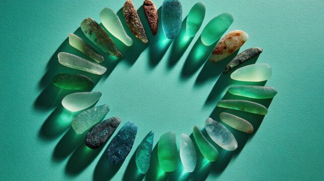 Colorful seaglass creates a circular pattern on a green background with various shapes