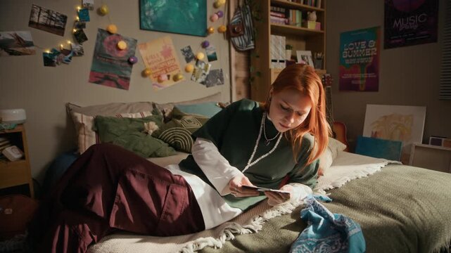 Eye level shot of red haired teenage girl sitting relaxed on bed and looking through polaroid photos in cozy warm lit bedroom with posters on walls and fairy lights, creating nostalgic atmosphere