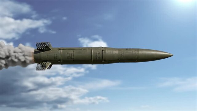 A detailed 3D CGI animation depicting a heavy military ballistic rocket flying horizontally through the air with clouds in the blue sky backdrop. Perfect for strategic defense system explainers, histo