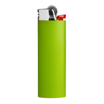 Green plastic lighter, isolated on cutout transparent background