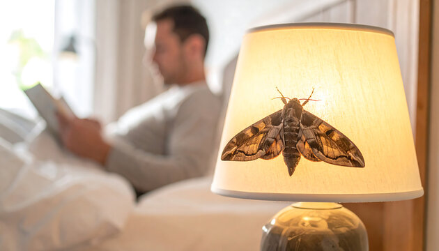 Hawk moth resting on a bright bedroom lampshade with a calm night atmosphere and creative copy space. Ready for digital media and product advertisements.