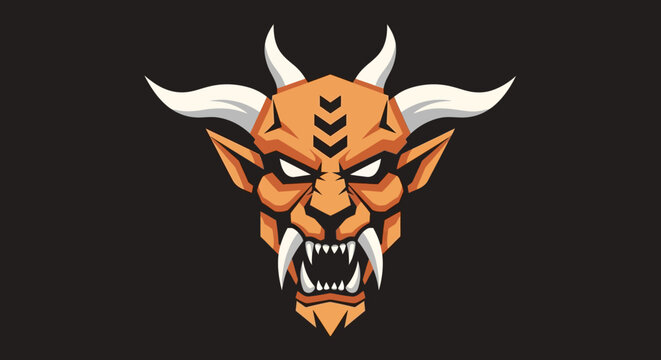 A cartoonish devil face with horns and sharp teeth on a black background.