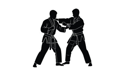 Two martial artists practicing karate in dynamic action pose black silhouette on a white background silhouette high quality professional detailed modern elegant stylish clean © Lsg 21