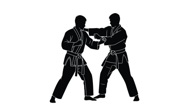 Two martial artists practicing karate in dynamic action pose black silhouette on a white background silhouette high quality professional detailed modern elegant stylish clean