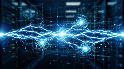 Obraz premium Digital data center with glowing electrical energy pulses and complex cyber network security