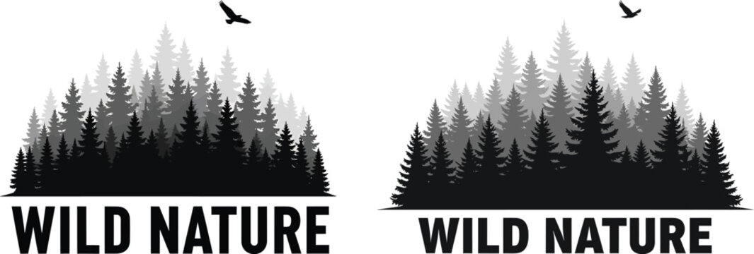 Minimalist evergreen forest silhouette with flying bird above trees and bold wild nature typography design for wilderness adventure concept illustration