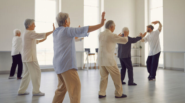Senior adults practicing tai chi together in bright studio with large windows