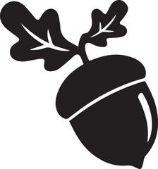 Black silhouette of an acorn with oak leaves on a white background © Tazima
