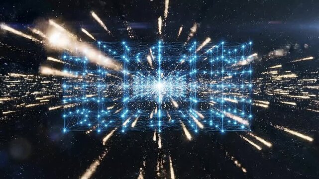 Digital Network Grid: An intricate digital network grid with glowing blue nodes and connecting lines expands into a luminous, abstract void, representing the interconnectedness of technology and data.